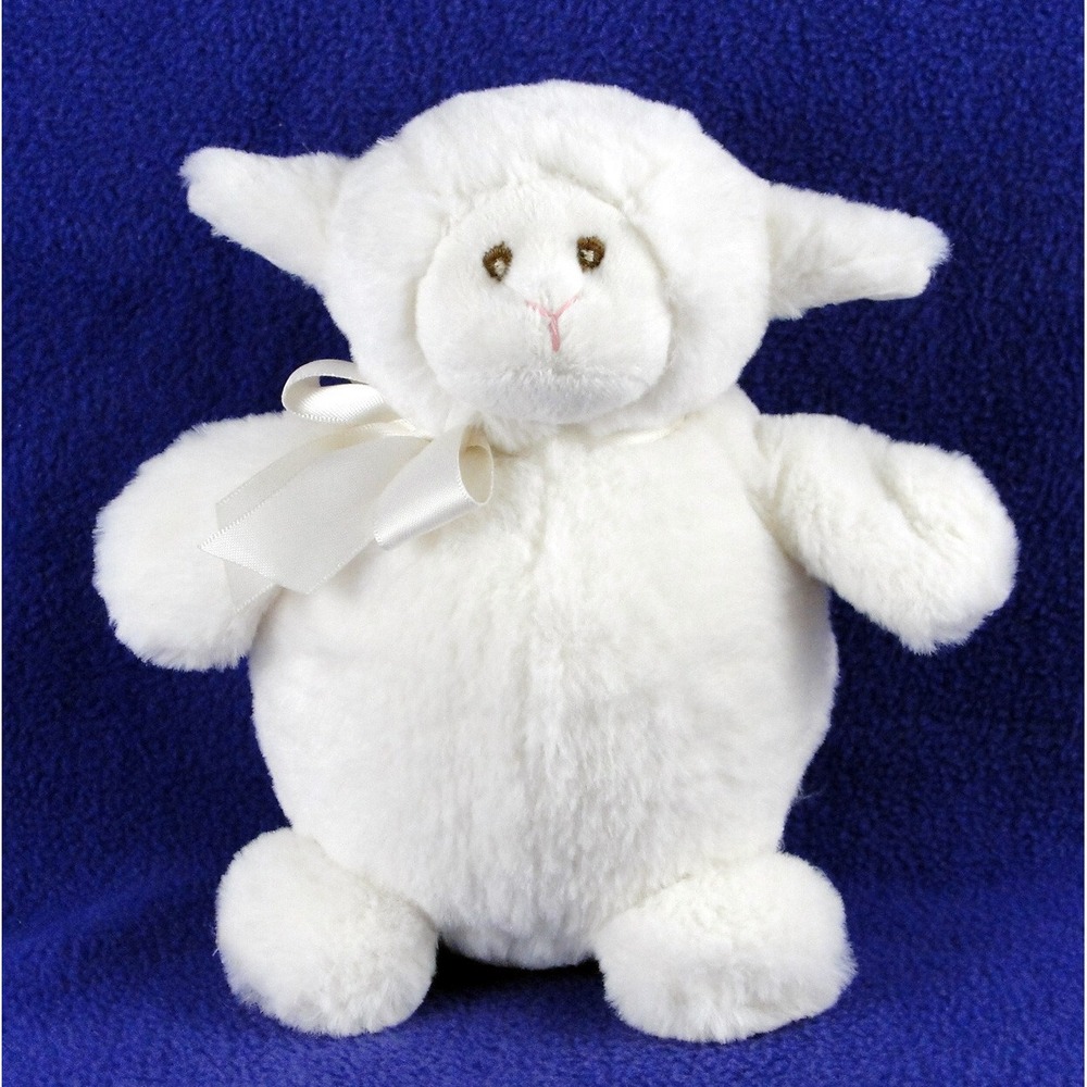 Bearington Baby Collection White Plush Lamb Stuffed Animal Satin Ribbon 8 inch